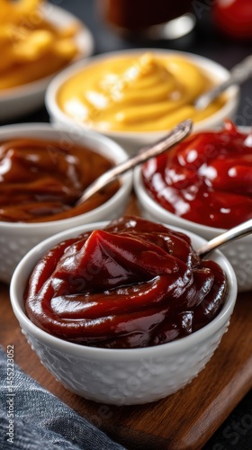 Close-up of assorted sauces in small white bowls with spoons on a wooden board, top view.