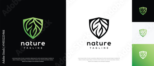 Nature security shield logo design. Shield logo design vector icon with leaves.
