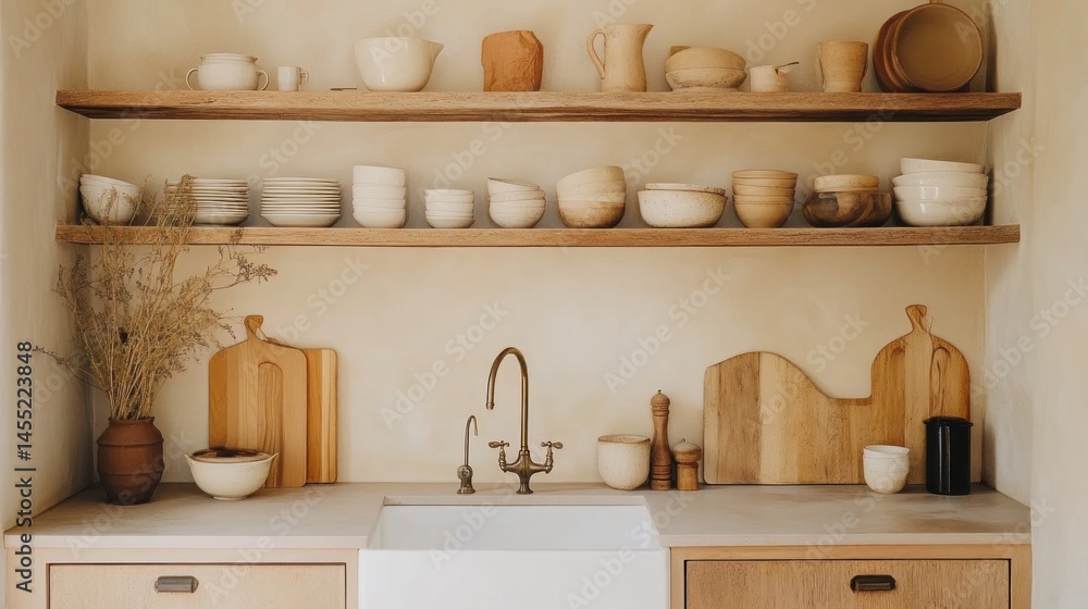 Beige and brown kitchen shelving display with rustic wooden cutting boards. Beige and brown kitchen shelving display with rustic wooden cutting boards.