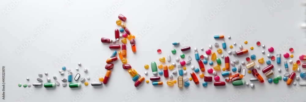 Floating Figure Created From Assorted Medicines and Capsules in a Modern Setting Depicting Health and Wellness Generative AI Floating Figure Created From Assorted Medicines and Capsules in a Modern Setting Depicting Health and Wellness Generative AI