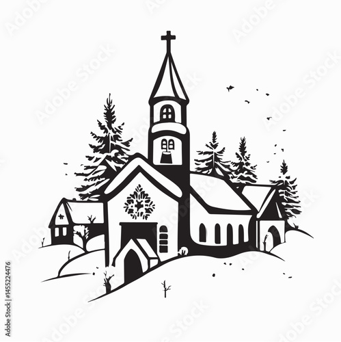 Peaceful Snow-Covered Church in the Middle of a Quiet Countryside Winter Scene