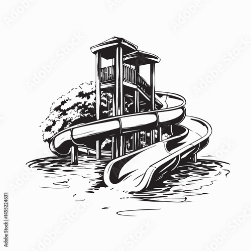 Pool With Water Slide Vector. Black and white Waterslide Vector Images on white background.