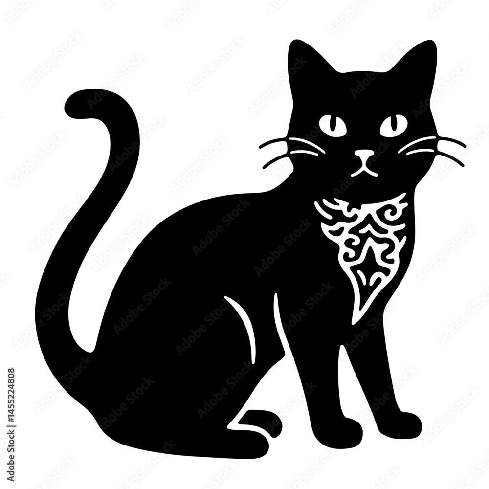 Obraz premium A black cat with a patterned bandana sits against a white background. The image is a simple, stylish vector illustration.