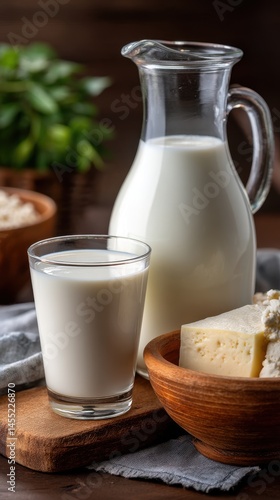 Fresh dairy products arrangement featuring milk, hard cheese, and cottage cheese, arranged on wood boards and a wood table