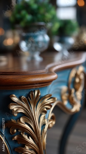 Ornate table detail showcasing a turquoise painted surface and gilded baroque-style leaf carvings with blurred decor in background.