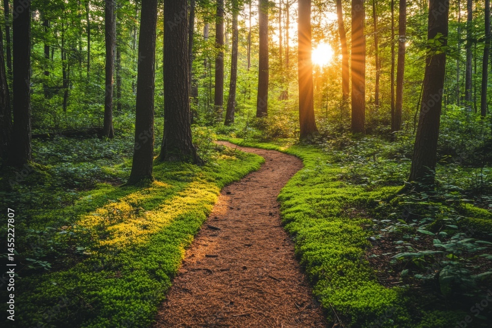 Fototapeta premium Pathway through lush green forest with sunlight shining through trees