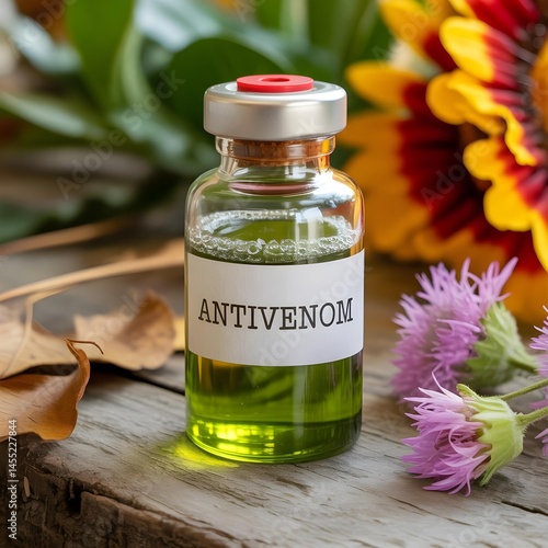 Antivenom Medical Vial with Natural Herbs and Flowers Background,concept with natural botanical elements including purple and orange flowers creating an organic healthcare and medical research theme.
