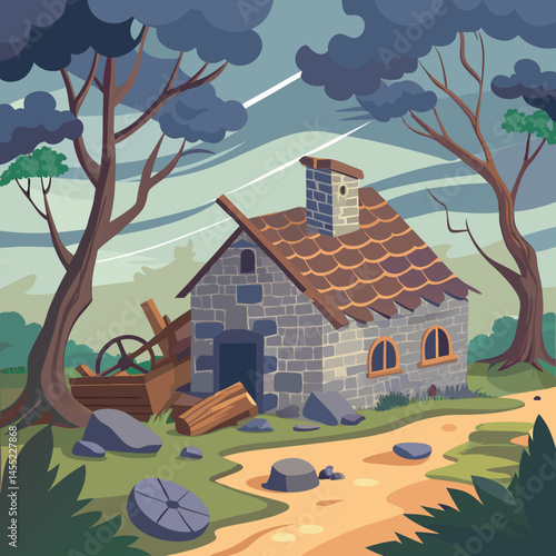 A cozy house nestled among tall trees in a serene forest setting.