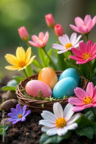 Colorful eggs nestled in blooming flowers, vibrant spring garden , eggs, hunt