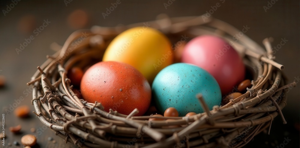 Naklejka premium Speckled and solid-color eggs in a rustic, earthy nest , country, spring