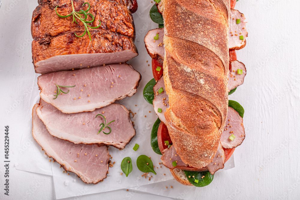 Fresh and tasty sandwich with ham, tomato and lettuce.