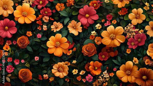 Wallpaper Mural Vibrant 4K floral background showing a side view of numerous realistic flowers with orange, red, and pink blossoms amidst lush green leaves in a 3D rende. Torontodigital.ca