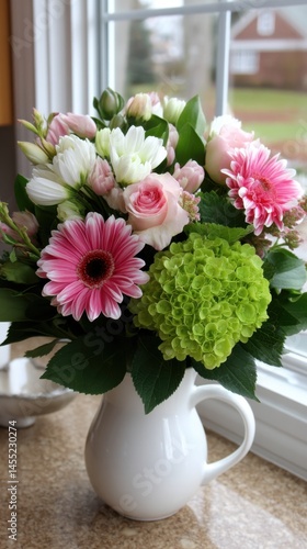Bouquet of spring flowers in a white pitcher on counter in a home setting with roses, gerberas, tulips, and hydrangea.