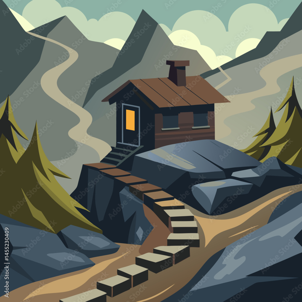 A cartoon house sits atop a mountain, with smoke gently rising from its chimney against a clear blue sky. A cartoon house sits atop a mountain, with smoke gently rising from its chimney against a clear blue sky.