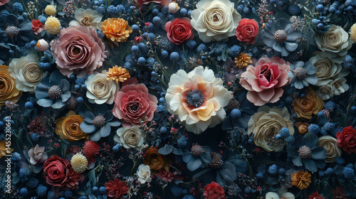 An exquisite 4K floral arrangement with realistic 3D depth displays unique beauty through its diverse roses and blooms, set against a rich background design.