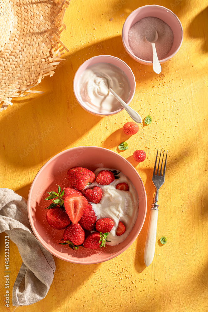 Tasty and homemade strawberries as summer fresh dessert.