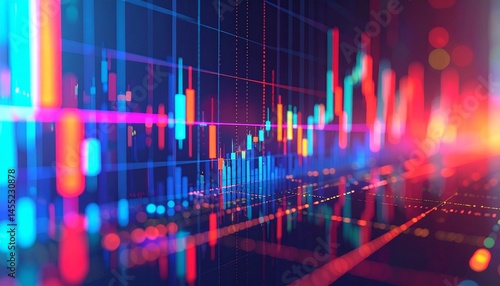 High resolution digital art of multiple stock charts stacked on top of each other