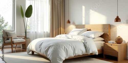 Soft white bedding, wooden headboard, minimalist master suite , photography, sleep