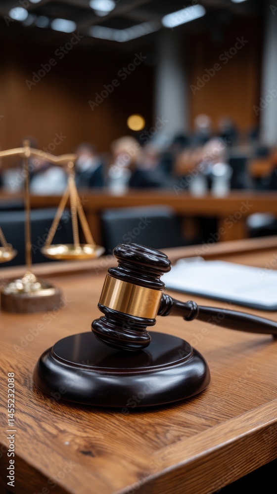 Wooden gavel rests on table with scales of justice in background, concept of courtroom proceedings and legal matters Wooden gavel rests on table with scales of justice in background, concept of courtroom proceedings and legal matters