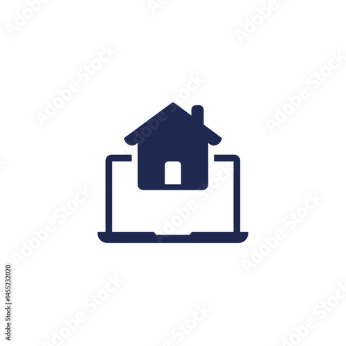 Laptop and House Icon. Minimalist Vector Illustration, Isolated on Transparent Background. Remote Work Concept, Working from Home, Flexible Schedule, Business, Technology Assets
