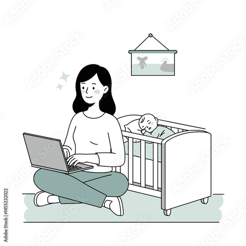 Working Mom Happily Working on Laptop with Baby. Minimalist Art, Nursery Setting. Concept of Remote Work, Work-Life Balance, Parenting. Useful for Business, Family, Lifestyle visuals