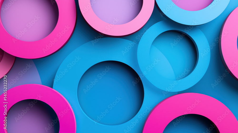 Obraz premium A vibrant 3D pop art background features overlapping pink, blue, and purple circles in a realistic 4K side angle view creating a visually striking design element.