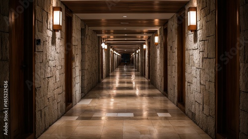 Wallpaper Mural Long hotel corridor with stone walls and warm lighting. Torontodigital.ca