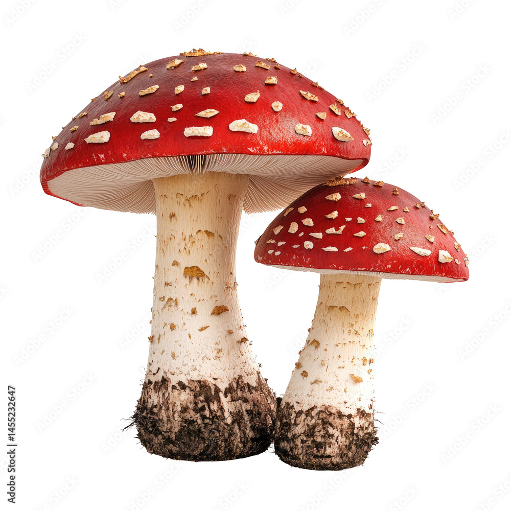 Obraz premium Two vibrant red and white mushrooms