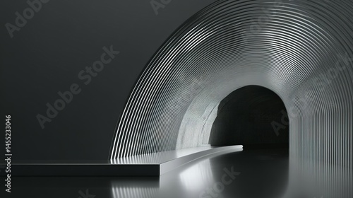 Modern, architectural tunnel design with grayscale elements.
