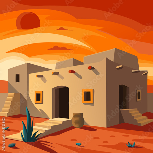 Vector illustration of a Native American house set against a desert landscape, showcasing traditional architecture and surroundings.