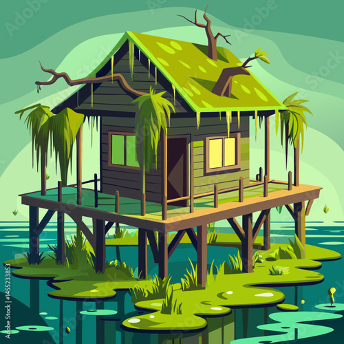 A cartoon house on stilts surrounded by water in a swampy landscape, with trees and plants in the background.