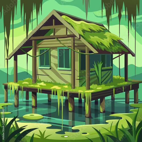 A cartoon house on stilts surrounded by water in a swampy landscape, with trees and plants in the background.