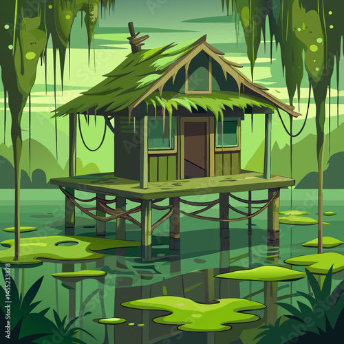 A cartoon house on stilts surrounded by water in a swampy landscape, with trees and plants in the background.