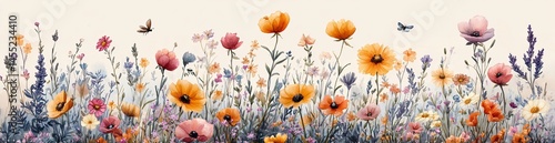 Vintage floral illustrations with wildflowers, insects, poppies, sunflowers, lavender, dragonflies. Pastel colors, gold accents. Ideal for wedding invitations and cards.