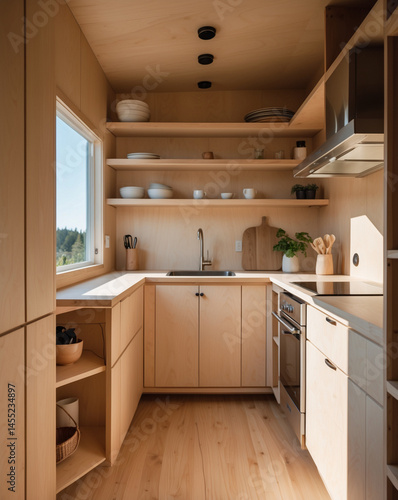 Wallpaper Mural Minimalist Tiny House Kitchen with Soft Wood Cabinets and Open Shelving — Emphasis on Design Efficiency and Calm Living Torontodigital.ca