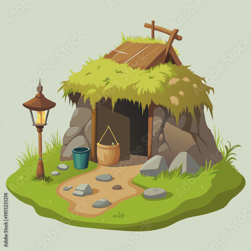 Cartoon illustration of a colorful hut on a tropical island surrounded by palm trees and blue water.