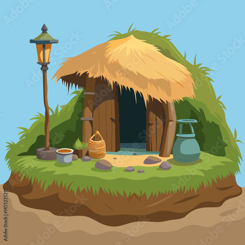 Cartoon illustration of a colorful hut on a tropical island surrounded by palm trees and blue water.