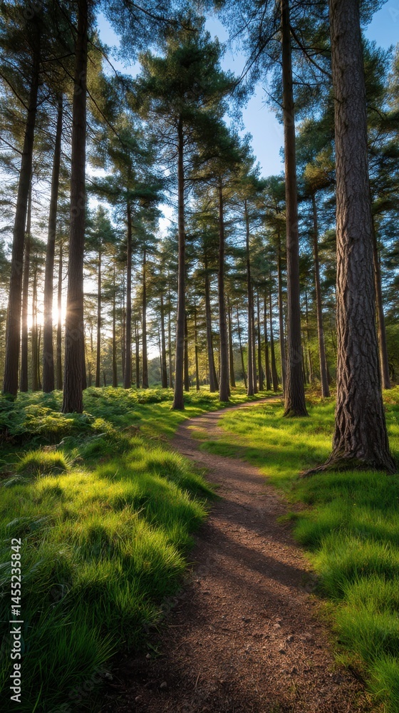 Fototapeta premium Sunlight Through Tall Pine Trees Along Forest Path with Green Grass and Ferns in Spring