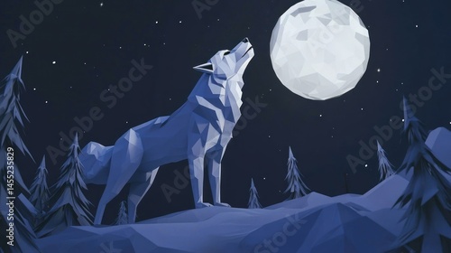 Wallpaper Mural Low Poly Wolf Howling at the Moon in a Night Forest Scene Rendering Torontodigital.ca