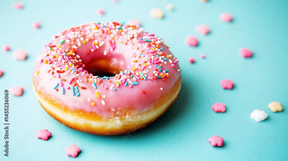 Delicious pink frosted donut with colorful sprinkles against teal background Delicious pink frosted donut with colorful sprinkles against teal background