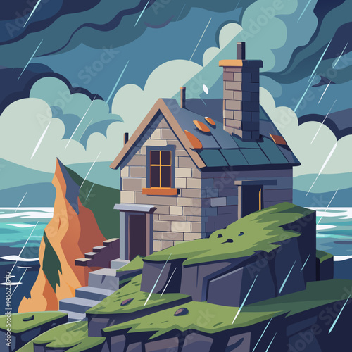 An illustration of a house situated on a small island surrounded by water and greenery.