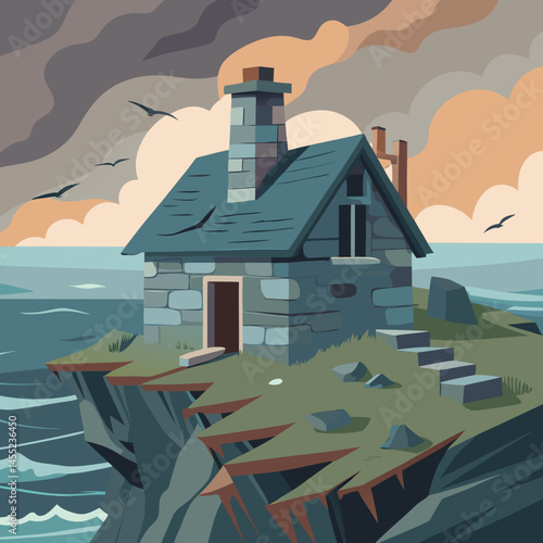An illustration of a house situated on a small island surrounded by water and greenery.
