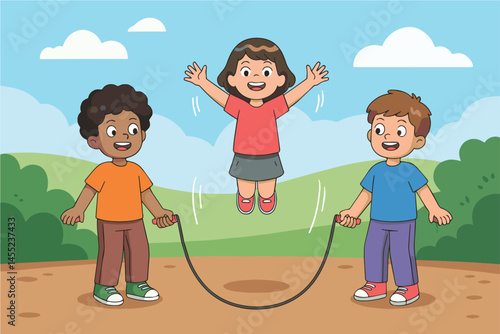 Happy children joyfully playing jump rope outdoors summer day fun active playful kids childhood friendship joyful laughing