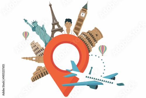 World travel destinations map airplane icon global journey tourism adventure trip planning international landmarks vacation