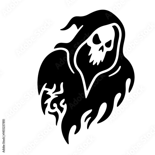 Grim Reaper, black silhouette, vector illustration, spooky, Halloween, death, skull, hooded figure, dark, mysterious, gothic style.
