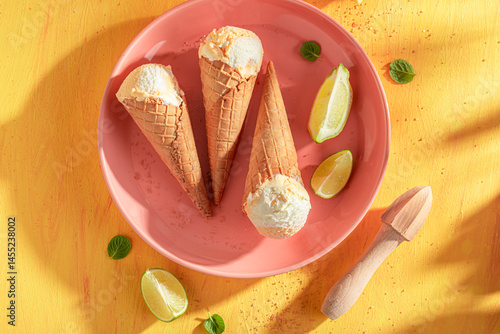 Sour and cold lemon ice cream as a summer dessert.