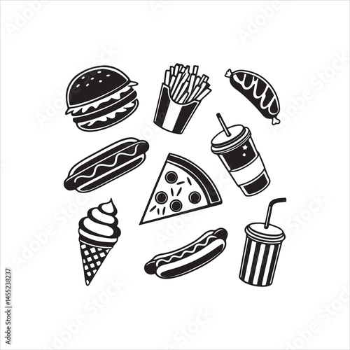 Fast Food Silhouette Clipart Set | Black Doodle Food Icons on White Background