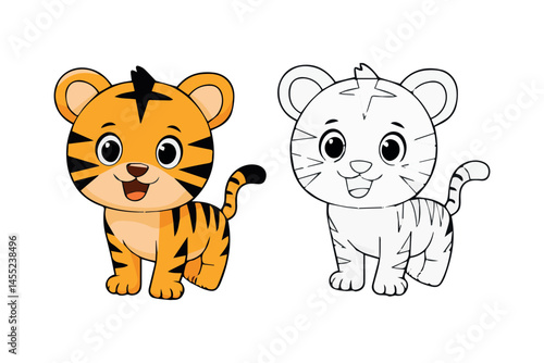 Adorable baby tiger cub cartoon illustration colorful and black and white version perfect for childrens books