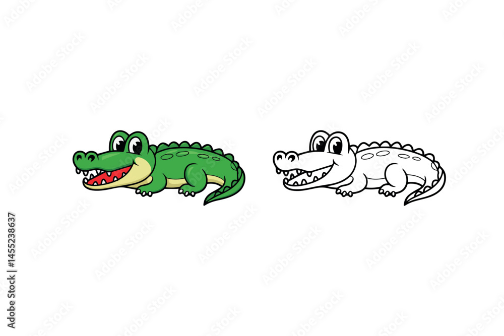 Obraz premium Adorable cartoon crocodile illustration green reptile animal happy smiling cute character design for kids coloring book