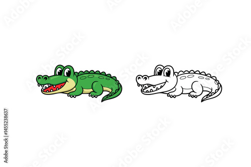 Adorable cartoon crocodile illustration green reptile animal happy smiling cute character design for kids coloring book